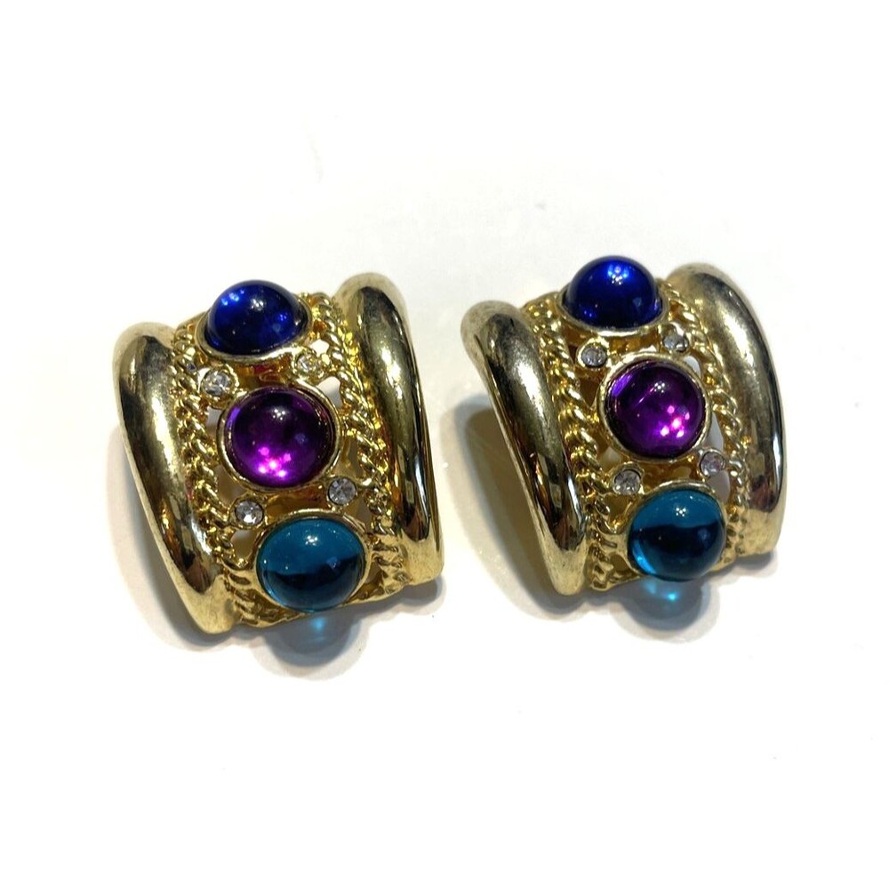 Vintage 80s Clip On Earrings Chunky Colorful Gold Tone